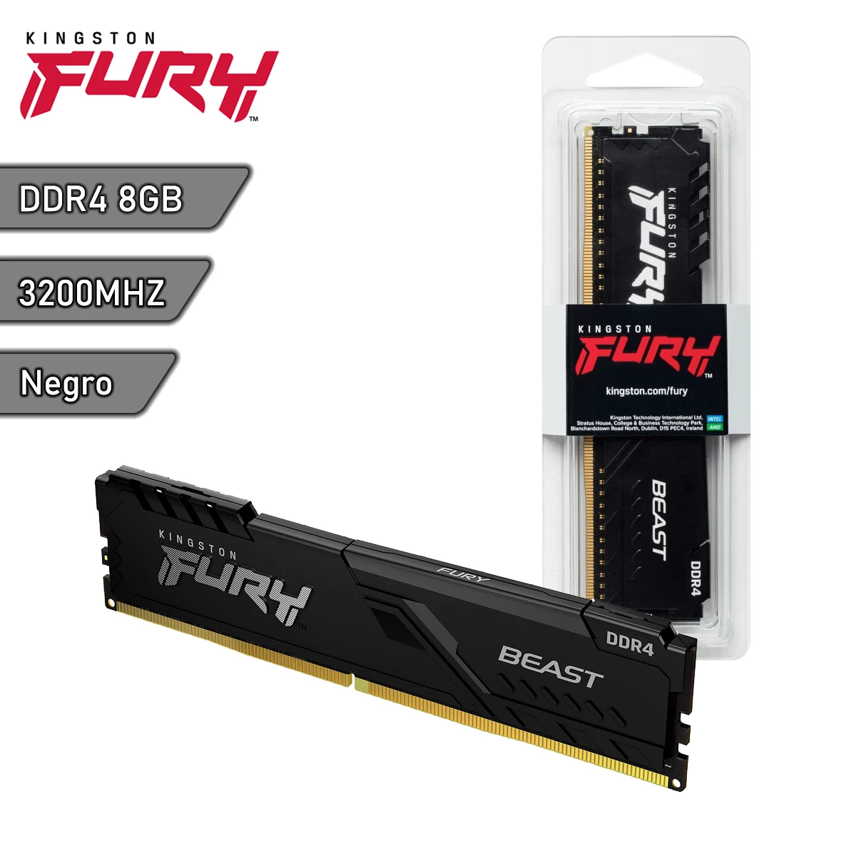 MEMORIA RAM DDR4 3200MHZ 8GB FURY BEAST KINGSTON NEGRO